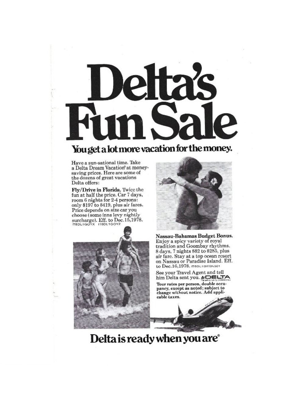 Print Ad Delta Airlines Fun Sale 1978 Travel Vacation Florida Nassau-Bahamas